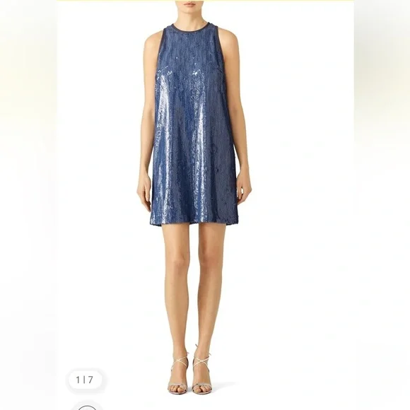 Carmen Marc Valvo Denim Blue Full Sequin Shift Dress- Size 4 - Picture 3 of 9